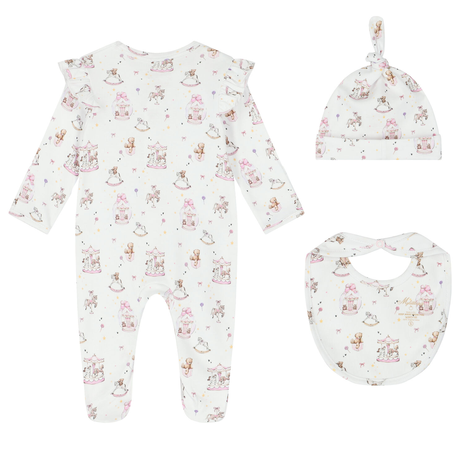 Baby Girls White & Pink Carousel Babygrow Set, 1, hi-res